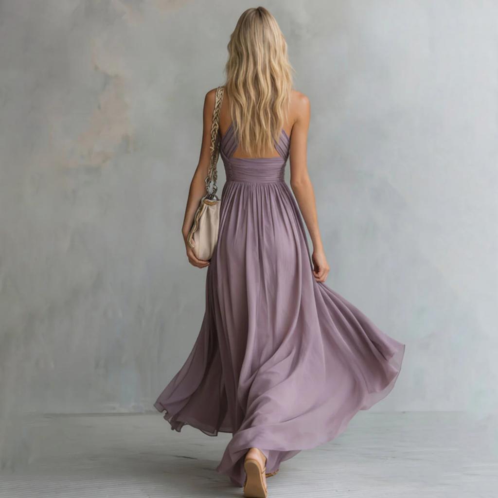 Loose Fit Vacation Maxi Dress V Neck Sleeveless Halter Neck Long Flowing Dress Casual Summer Beachwear