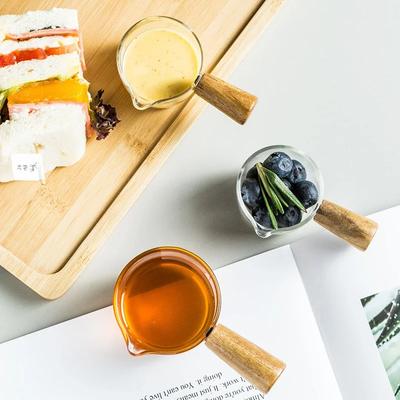 Plato para salsa de 50/100 ml, vaso pequeño de vidrio, jarra para leche, taza medidora para espresso, salsera, tazón para mojar, mini vaso de vidrio con mango de madera