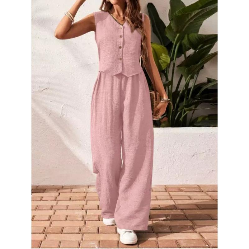 Completo da Donna 2 Pezzi Canotta Senza Maniche Scollo a V con Bottoni Pantaloni a Vita Alta Gamba Larga Set Coordinato in Tessuto Testurizzato Casual