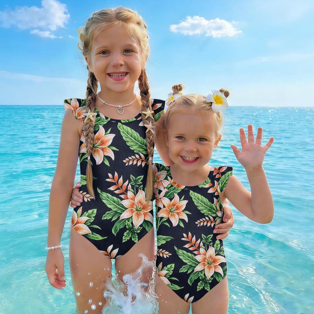 Girls One Piece Swimsuit Hawaiian Print Sleeveless Ruffle Shoulder Swimwear Kids Beachwear Bathing Suit for Summer Pool Water Activities
