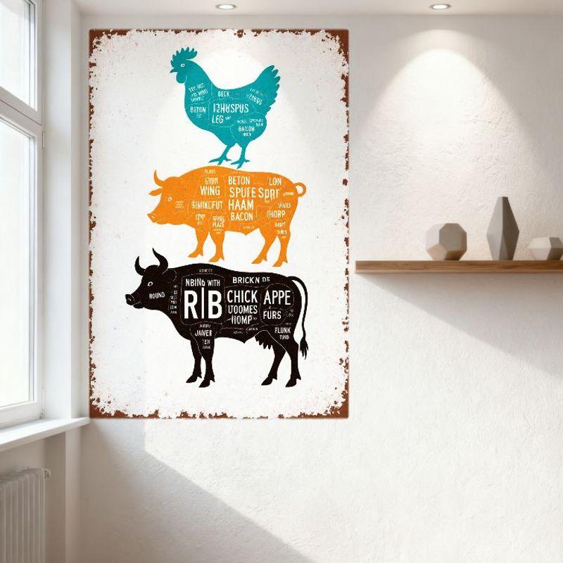 Vintage Butcher Metal Tin Sign Chicken Pig Cow Meat Cuts Labels Rustic Wall Decor for Bar Pub Home Cafe Old Fashioned Butchers S