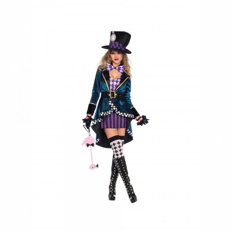 Womens Wonderland Mad Hatter Costume Cosplay Outfit Velvet Stage Performance Dress Halloween Party