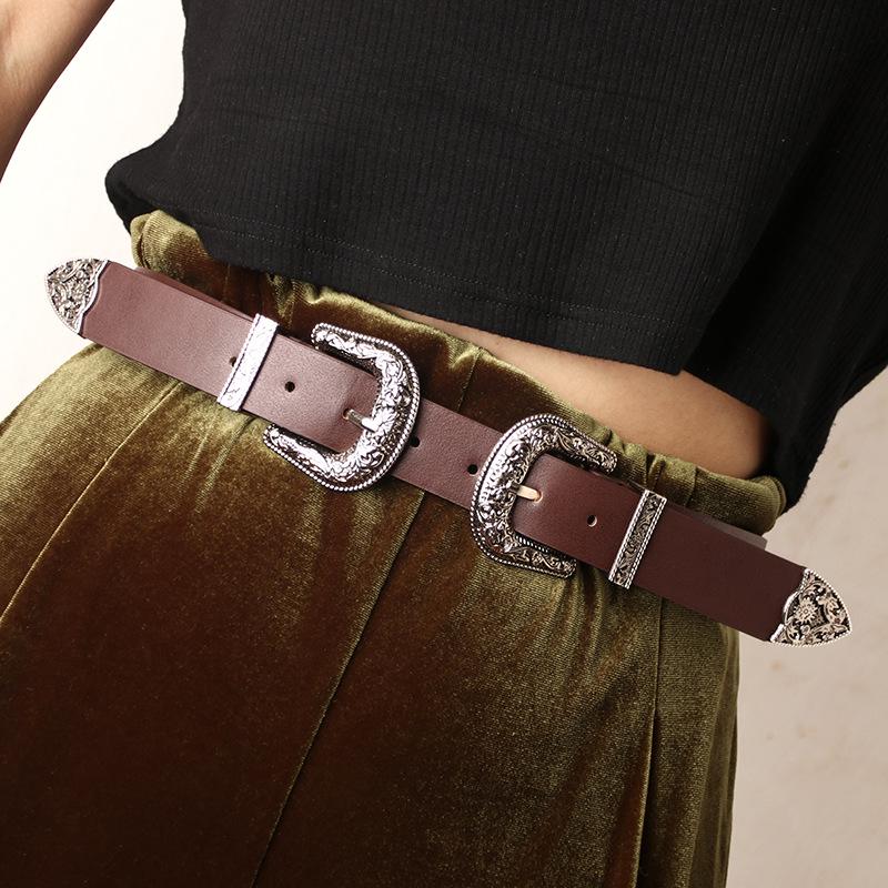 New Women's Belt, European and American Retro Carved Alloy Buckle Belt, Versatile Jeans and Clothing Double Buckle Belt