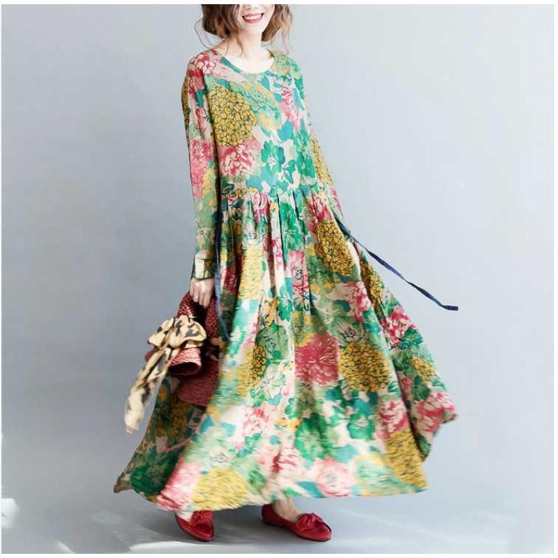 Damen Langer Rock Retro Große Blume Übergroß Schwingend Bodenlanges Kleid