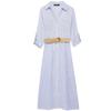 Fashion Style 2024 Spring New Women with Belt Stripes Shirt Style Mid Length Long Length Dress 8351025 044
