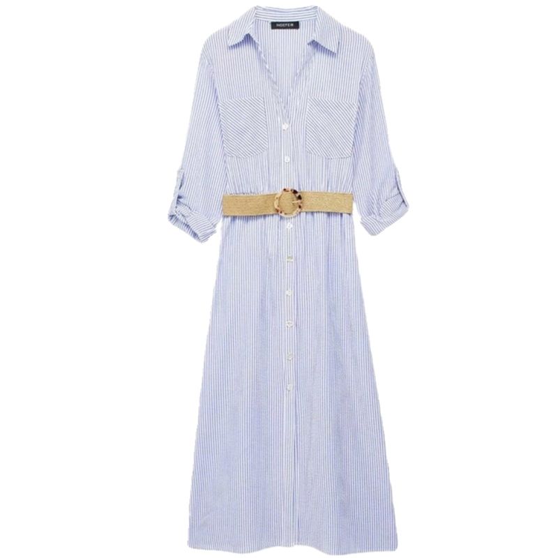 Fashion Style 2024 Spring New Women with Belt Stripes Shirt Style Mid Length Long Length Dress 8351025 044