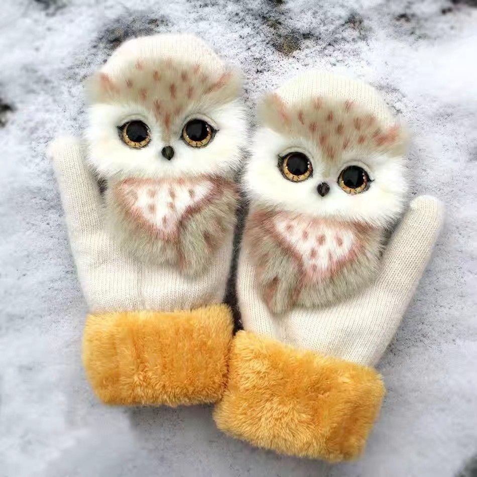 1 Pair Unisex Mittens Thickened Full Finger Winter Warm Gloves Knitted Wool Cartoon Animal Gloves