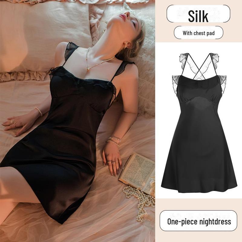 

2024 Сексуальная кружевная шелковая летняя ночная рубашка с нагрудной подкладкой для женщин - Стиль 6312 Large