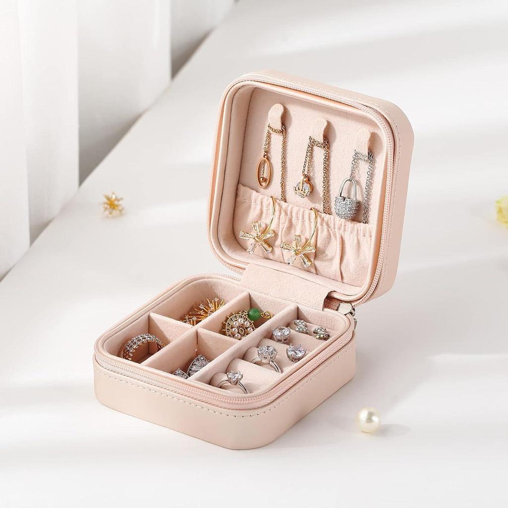 Small Jewelry Box Portable Jewelry Travel Organizer Display Storage Case for Rings Earring Necklace Bracelet, Gift for Women Girls, Pink Faux Leather
