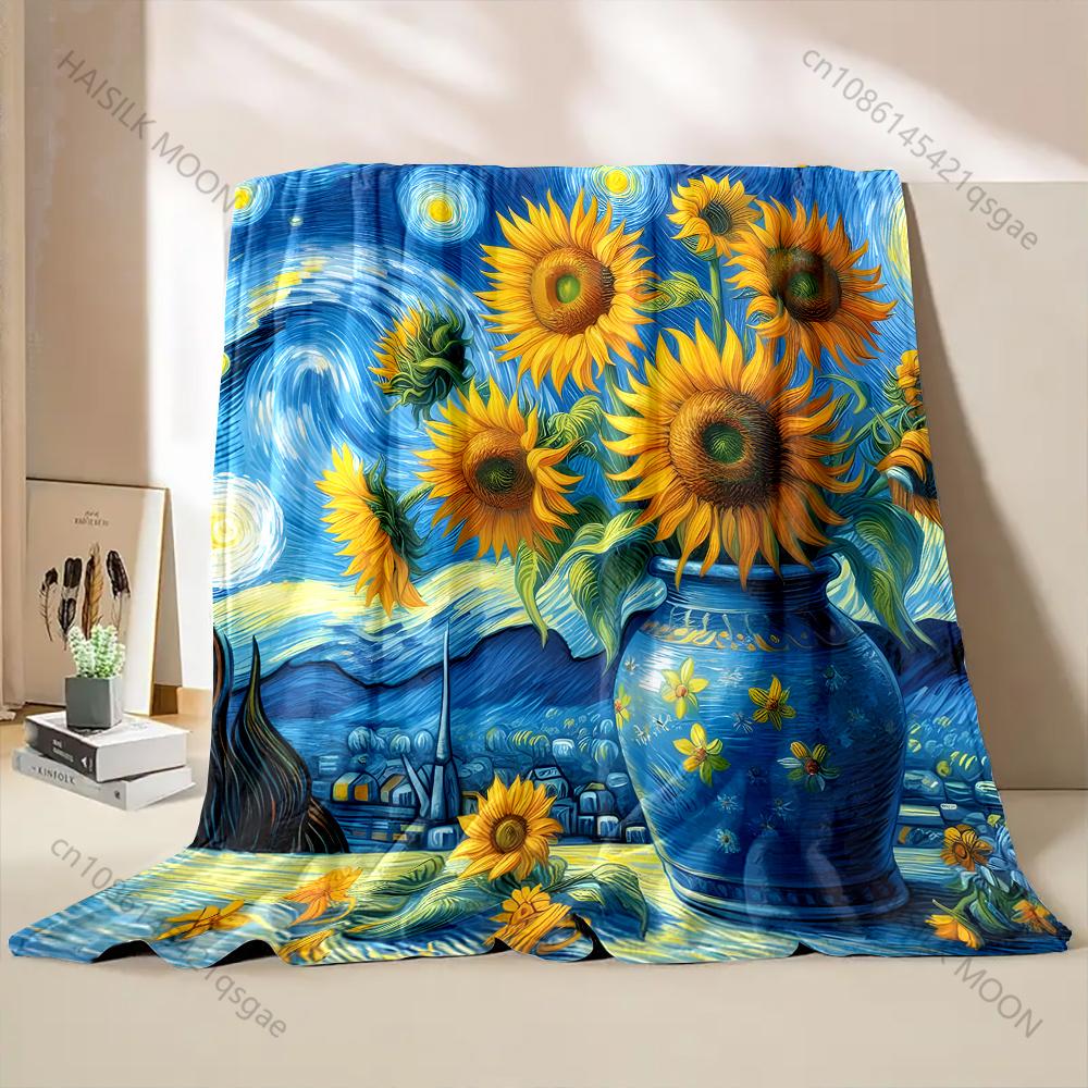 Multi-size Van Gogh-inspired Sunflowers Print Blanket Flannel Material Soft Warm for All Seasons Home Outdoor Camping Picnics RV