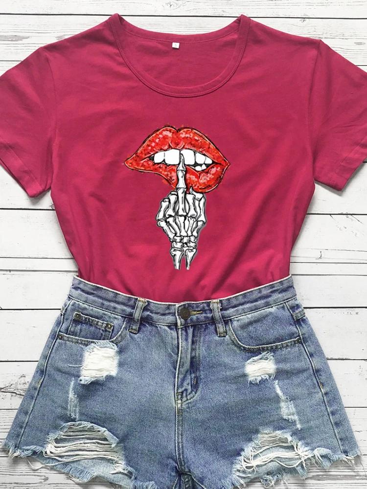 Skull Hand Red Lip Print Women T Shirt Short Sleeve O Neck Loose Women Tshirt Ladies Tee Shirt Tops Clothes Camisetas Mujer