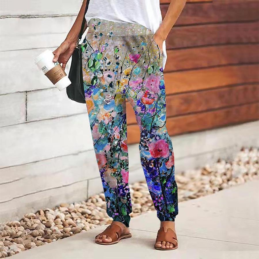 

Женские брюки с цветочным принтом на шнуровке, с эластичной талией, свободные брюки, повседневные длинные брюки, брюки с карманами XS