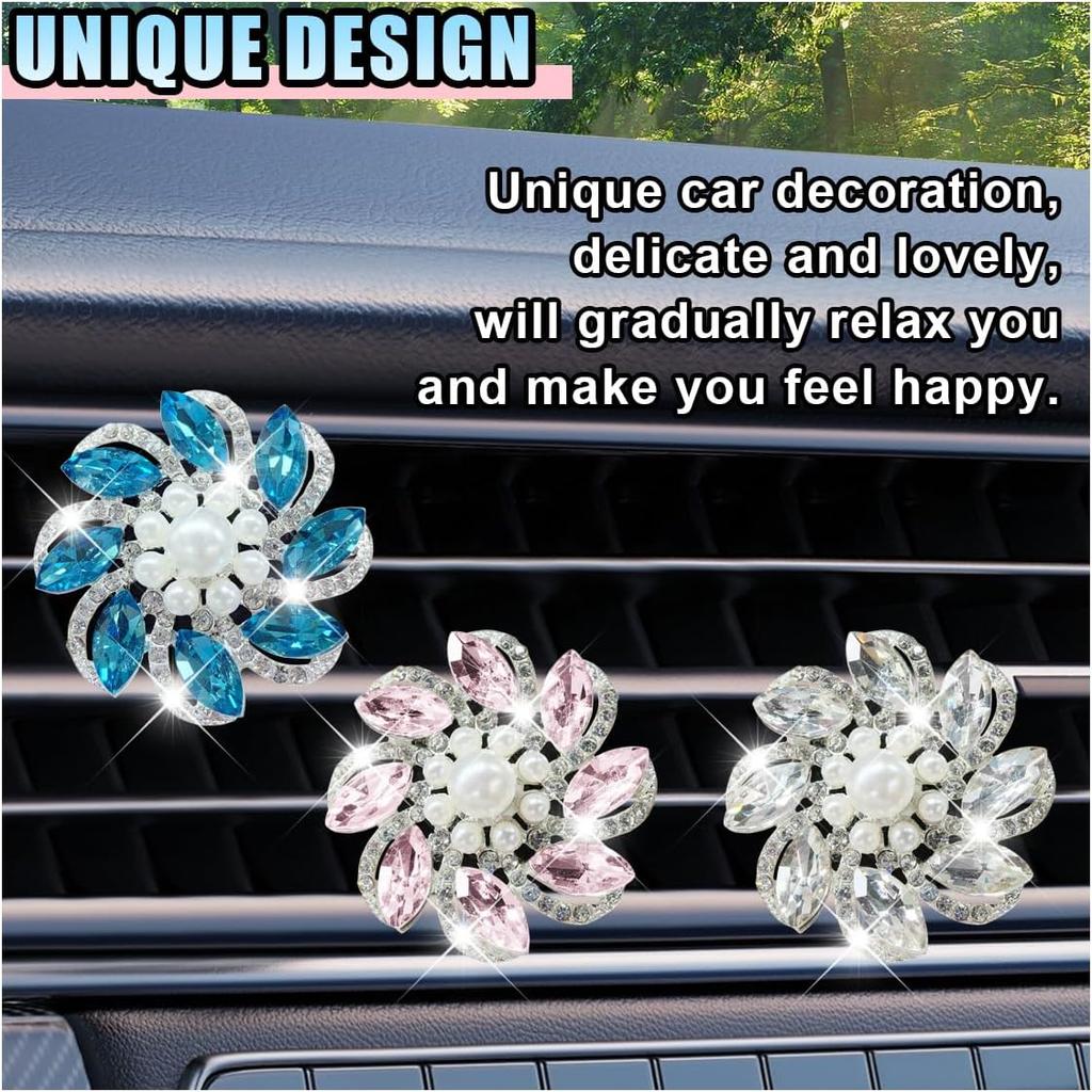 3PCS Bling Diamond Flower Car Air Vent Clips, Cute Crystal Rhinestone Interior Clip-On Air Conditioning Outlet Decoration, Car Vent Clip Charm for