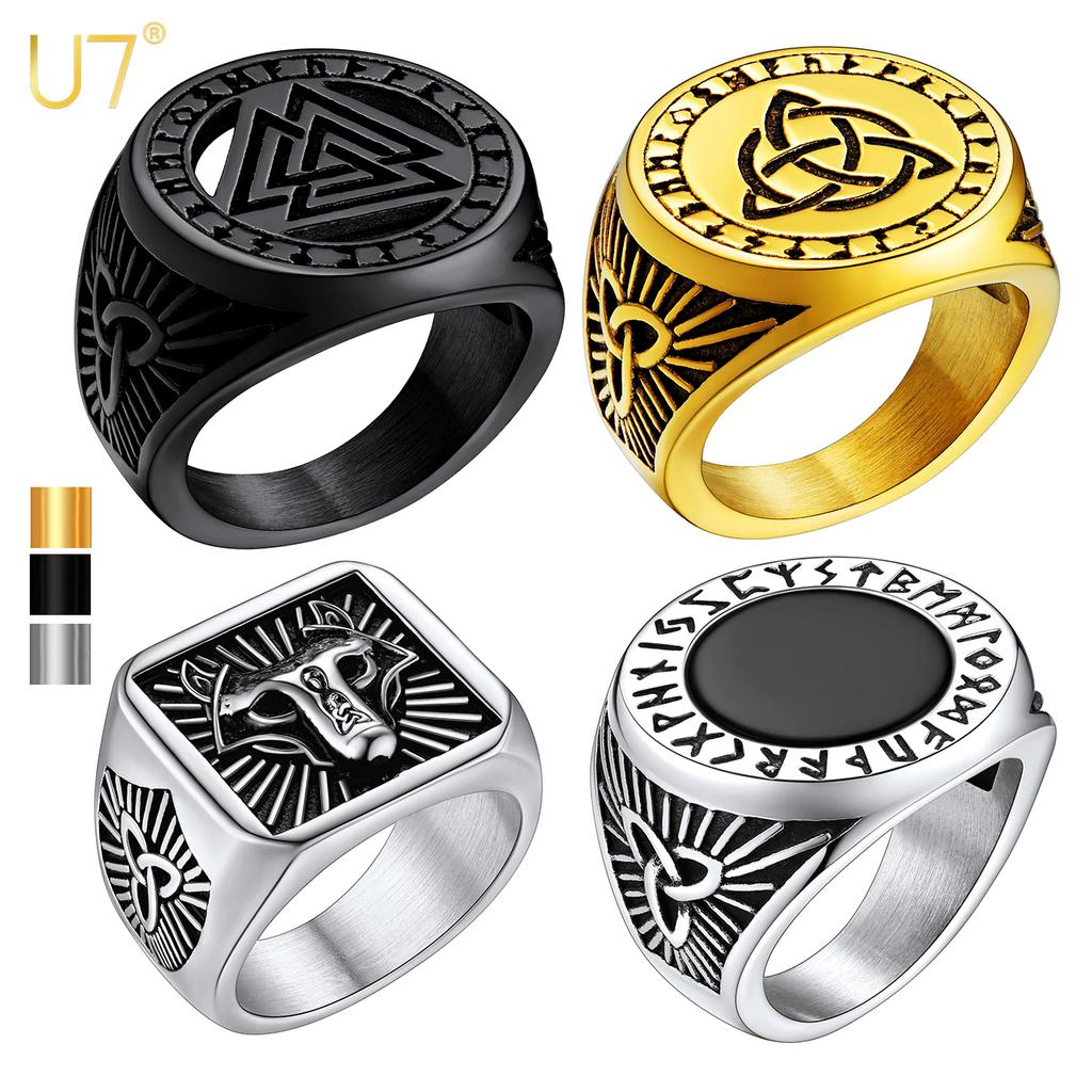 Big Signet Rings for Man Norse Viking Runes Valknut Wolf Head Triquetra Onyx Agate Size 7-14 Jewelry Gift for Him
