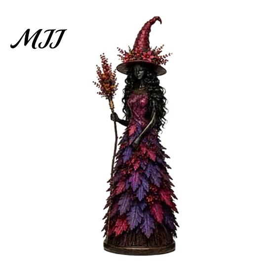 Halloween Witch Figurine Autumn Figurine, Fall Tabletop Statue with Leaf Resin Sculpture Table Ornament Gown, Seasonal Decoration for Mantel