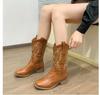 New Winter Women's Boots Vintage Retro Embroidery  Brown Thick Heels Boots Knight Boots Western Cowboy Boots