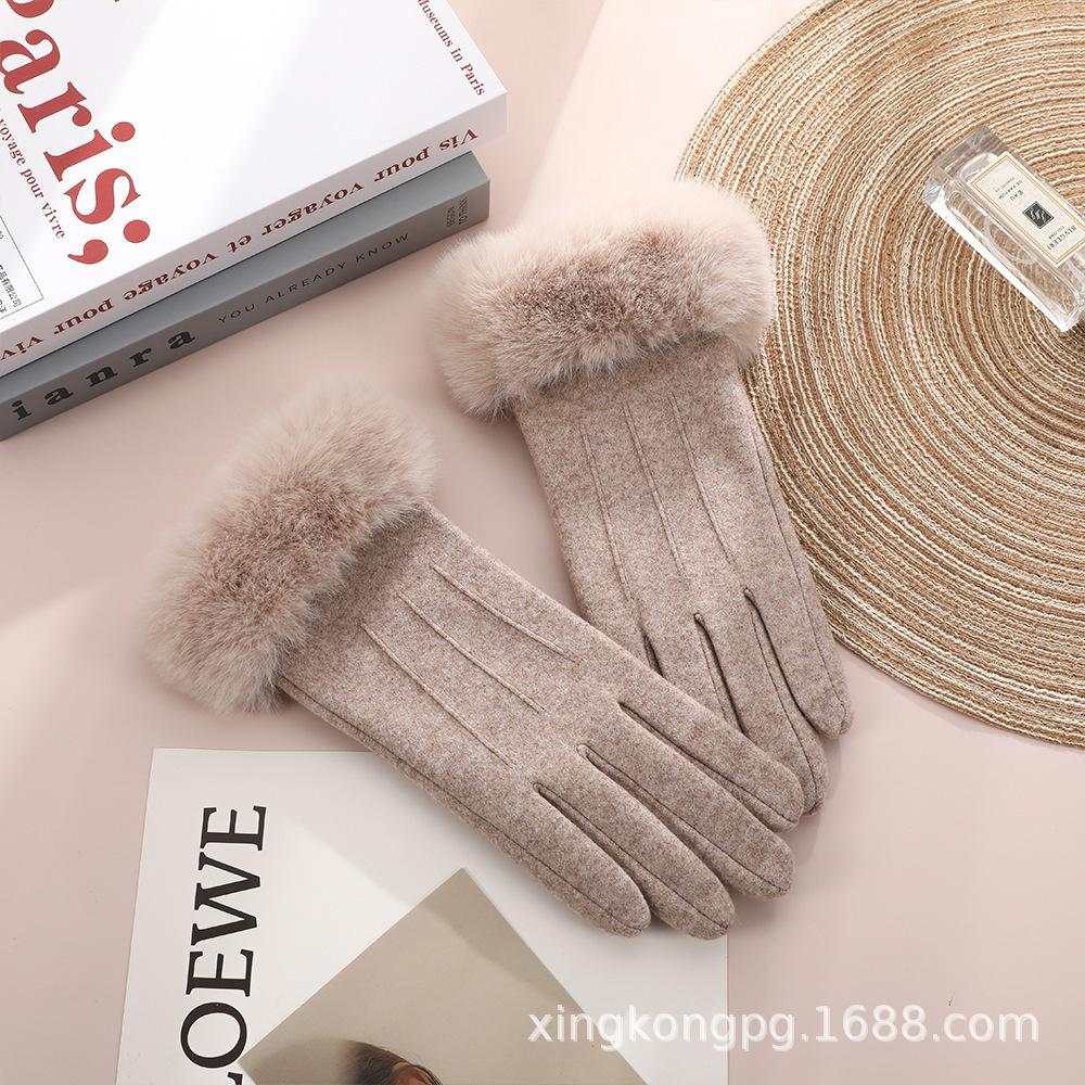 Warm Gloves Women'S German Plush Mouth Windproof And Cold-Proof Plush Outdoor Riding Driving Touch Screen Autumn And Winter Gloves
