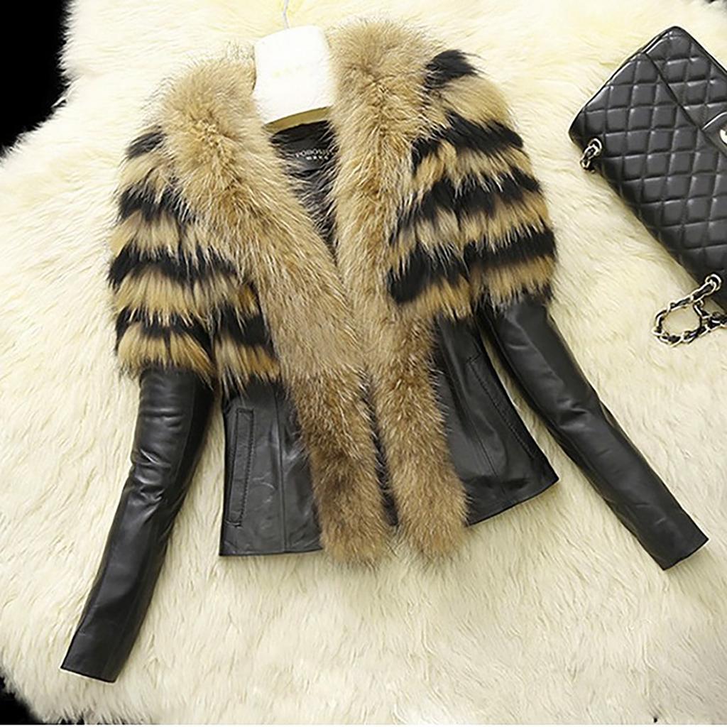 Womens Fashion Warm Plush Pocket Long Sleeve Imitation Leather Collar Coat