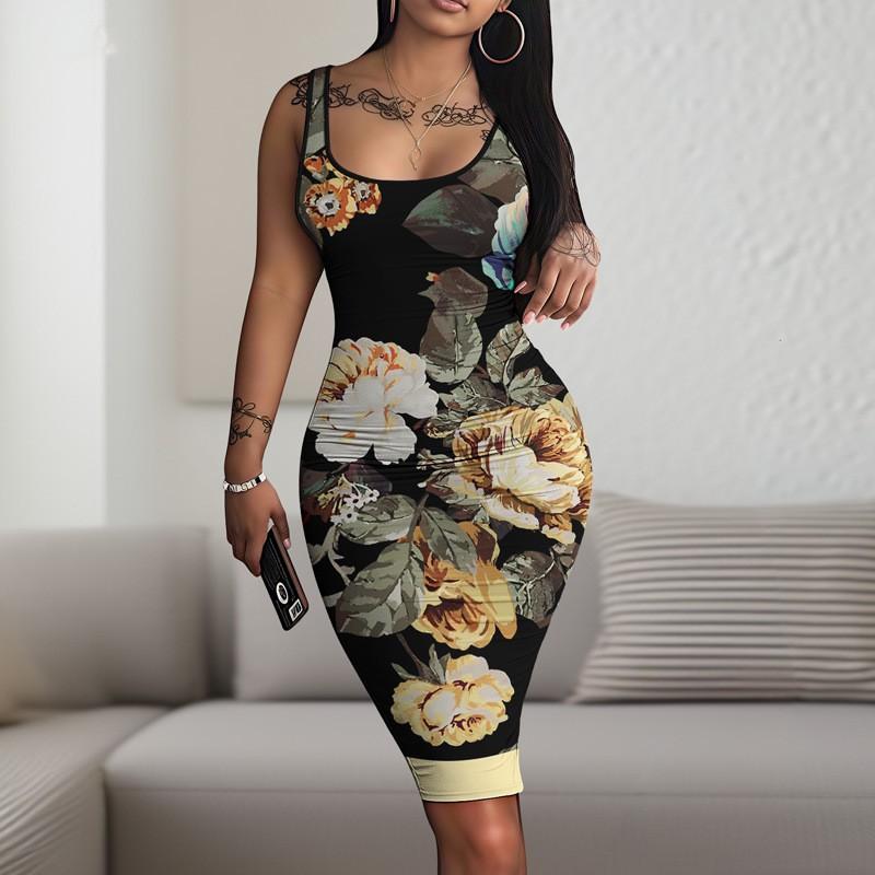 Floral 3D Print Bodycon Midi Dress Office Wear Stretchy Fit U-Neck Sleeveless 2025 Collection