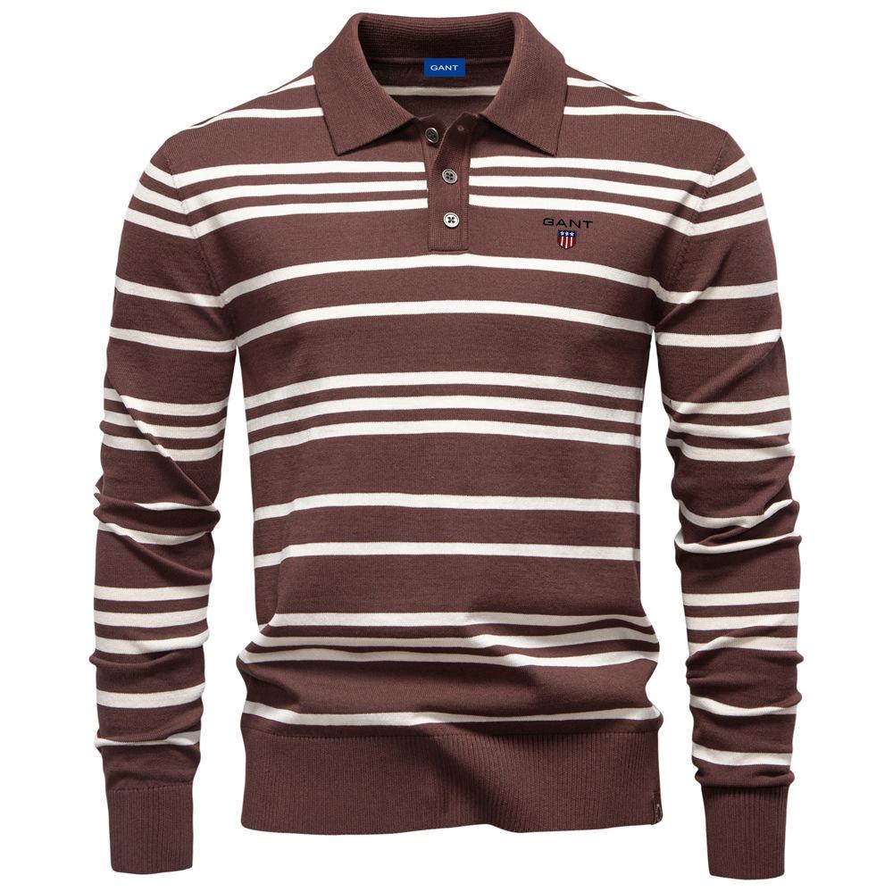 Gant 2025 Autumn/Winter Embroidery New Large Collar Men's Striped Sweater Polo Collar Knitted Sweater Men