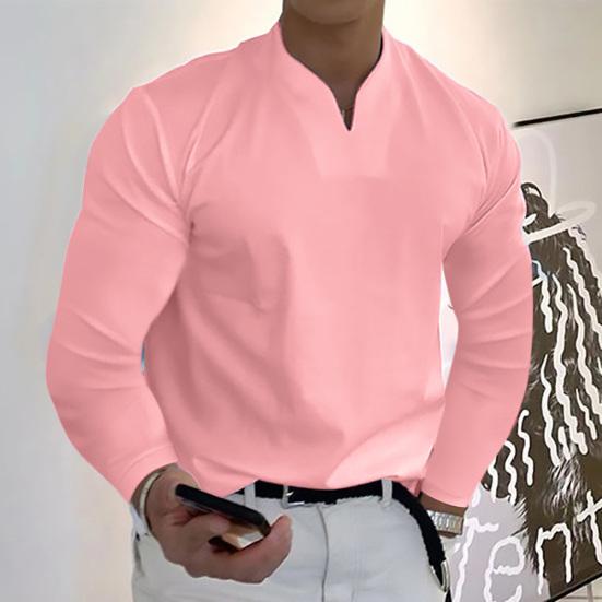 Men Tops Solid Color Slim Fit Long Sleeves Pullover Colorfast V Neck Casual Plus Size Autumn Shirt Men Clothes