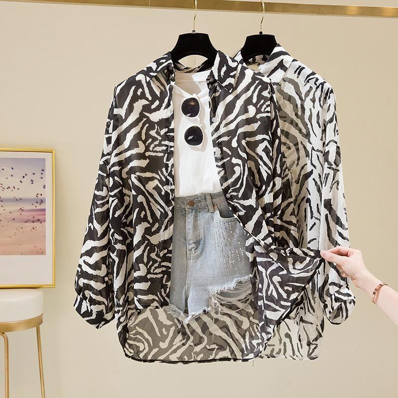 New Summer Zebra Pattern Women's Style Retro Top Mid-length Long Sleeve Thin Chiffon Shirt