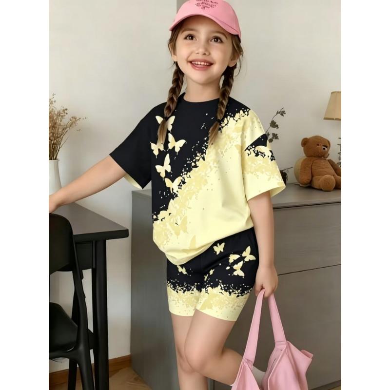 1615 Flame Retardant Digital 3D Swan Girls' Short Sleeve and Shorts Home Wear Set, Suitable for Girls Aged 3 To 8