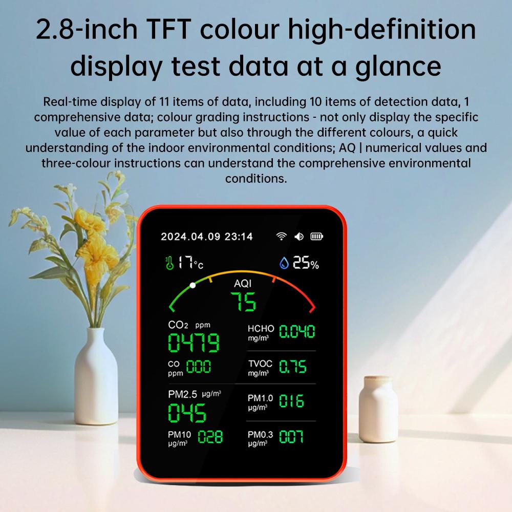 WLAN-fähiger 15-in-1-Luftqualitätsdetektor mit 2,8-Zoll-Farbdisplay (CO₂, CO, HCHO, TVOC, PM₀,₃, PM₂.₅, PM₁.₀, PM₁₀), App-Steuerung