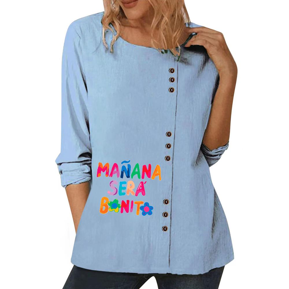 Ladies' Blue Casual Top with Chic Personality Prints, Round Neck, Short Sleeves, and Button Decorations In Sizes S-5XL