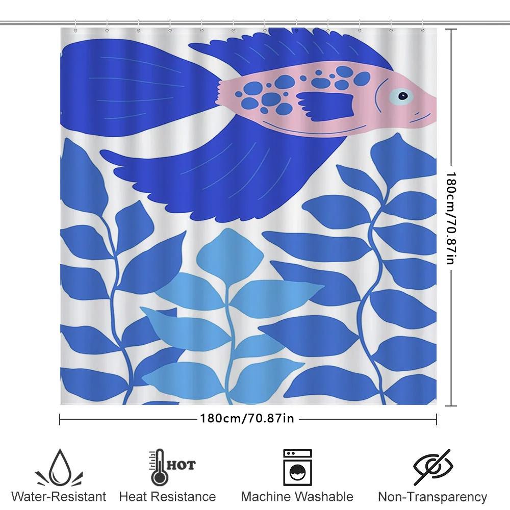 Blue White Fish Design Shower Curtain Decor Waterproof Fabric Bath Room Shower Drapes Set For Home Decoration 180X274Cm\N(Us $35