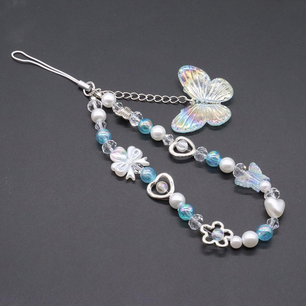 Y2K Crystal Pink Butterfly Phone Lanyard Keychain - Colorful and Sweet