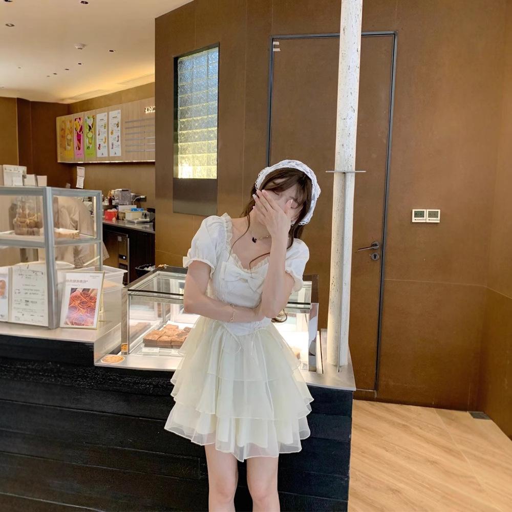 Summer 2026 fairy skirt bow jacquard organza fairy feeling dress princess puffy short skirt