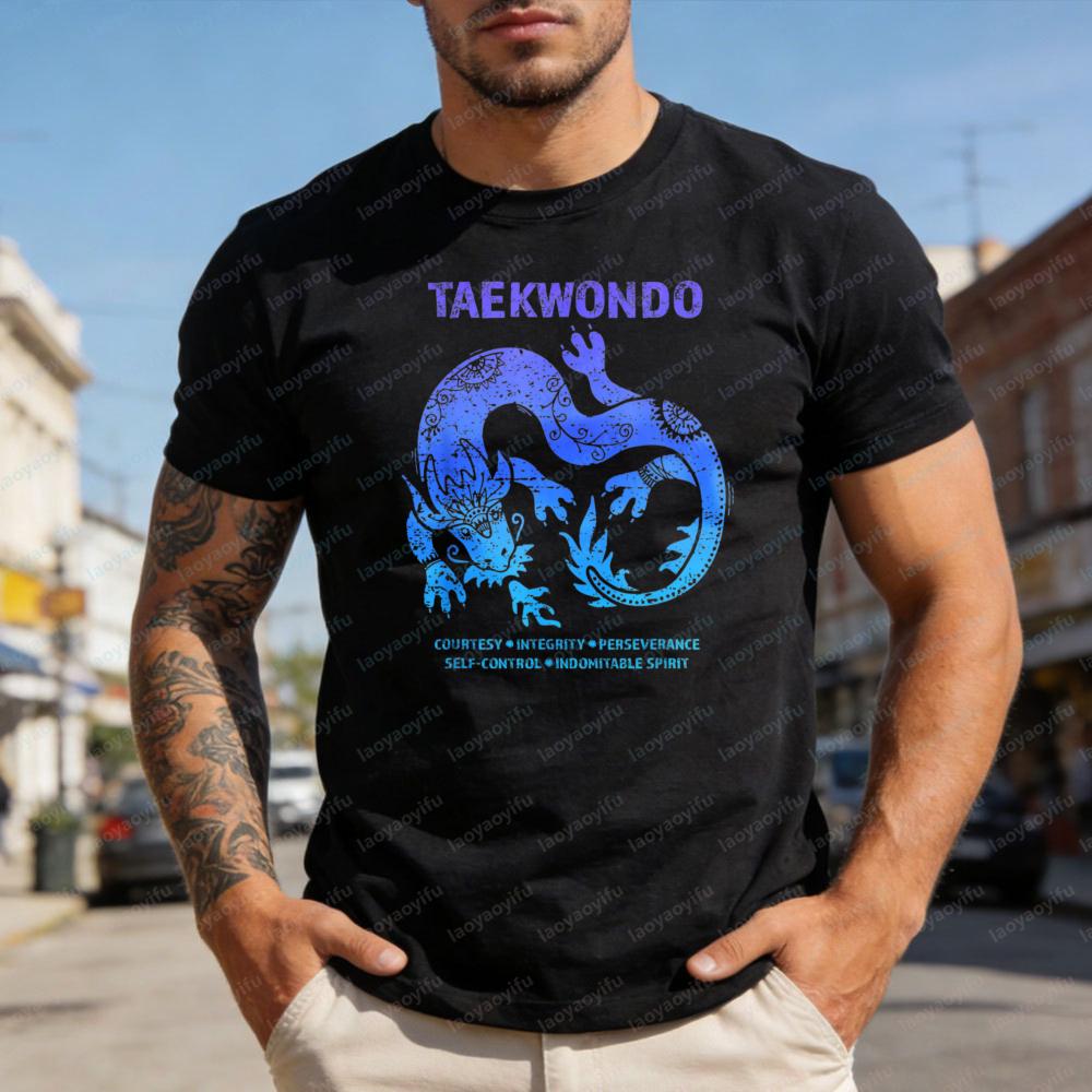 Taekwondo Dragon Design Summer Casual Men TShirt Cotton Short Sleeve Fashion Top for Martial Arts Enthusiasts T Shirt
