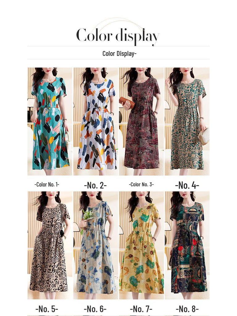 Elegant Plus Size Cotton Silk Knee-Length Dress with Waist Cinch for Middle-Aged Women