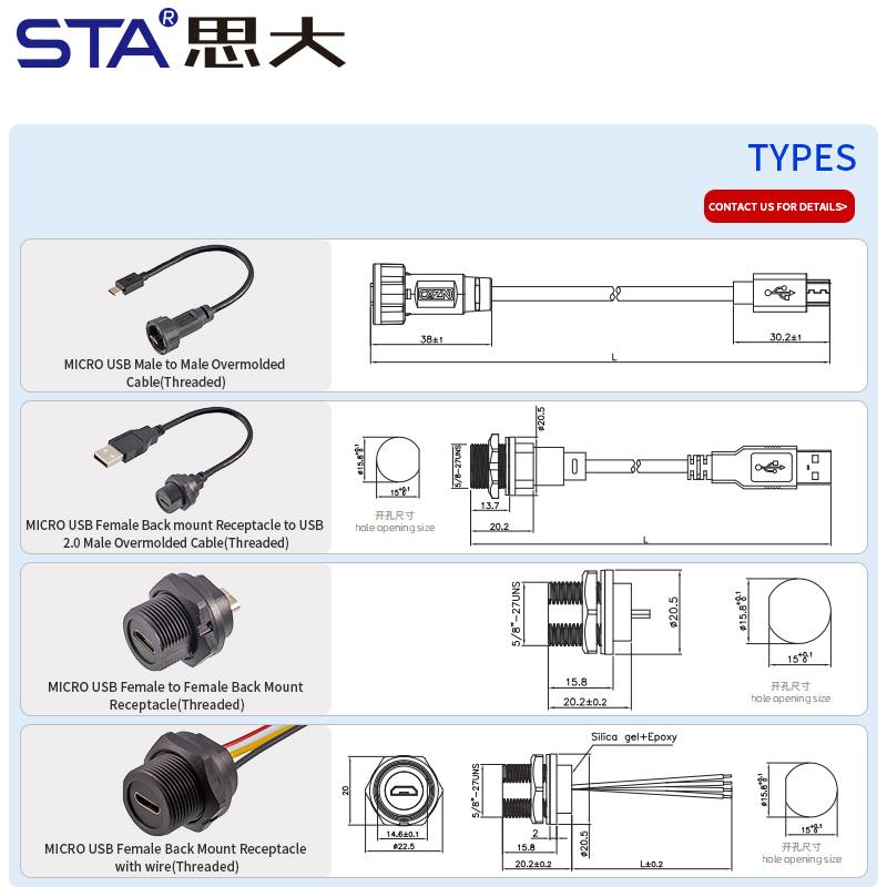 Micro USB 2.0 Plastic IP67 Waterproof Connector Panel Mount Male to Female Socket Extension Electrical Data Cable Threaded Plug