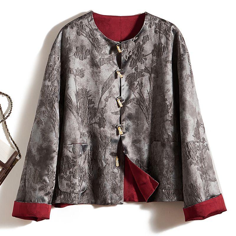 

Тяжелый Роскошный Дизайн Китайского Костюма Топ! Сатин Ацетат Тенсел Круглый вырез Длинный рукав Свободный крой Двусторонний Верхняя одежда Женская Весна Новинка Dark Green + red 4XL