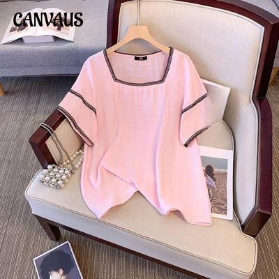 Plus Size Women's Summer New Literary and Retro Square Collar Short Sleeved Top
