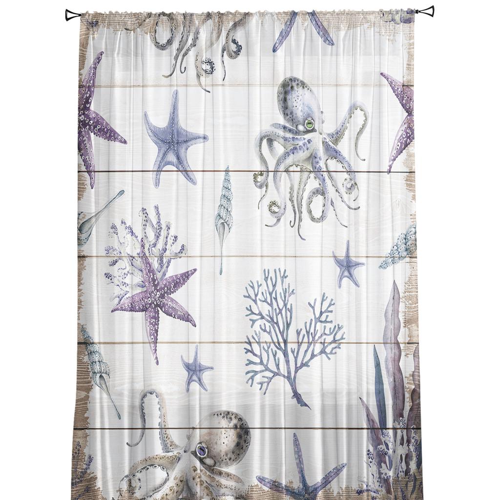 Tüllvorhang mit Meeresmotiven, Aquarell-Kreaturen, Seesterne, Oktopus, Voile, transparent, für Schlafzimmer, Wohnzimmer, durchsichtige Fenstervorhänge
