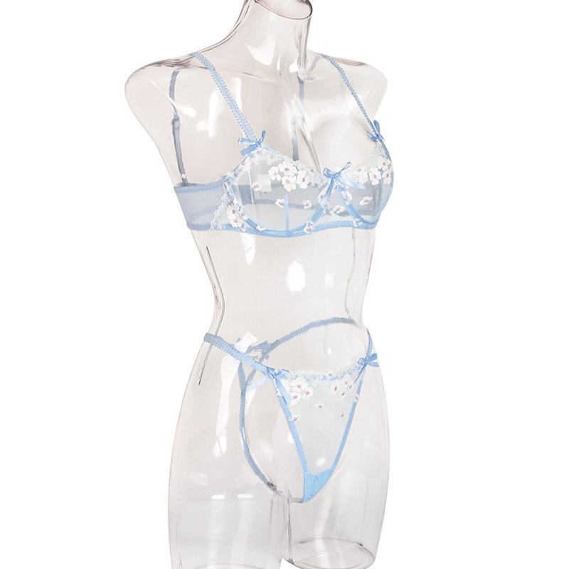 Erotic Lingerie Perspective Mesh Embroidery Three-Dimensional Flower Sexy Underwear Set T-String Sexy Underwear Set