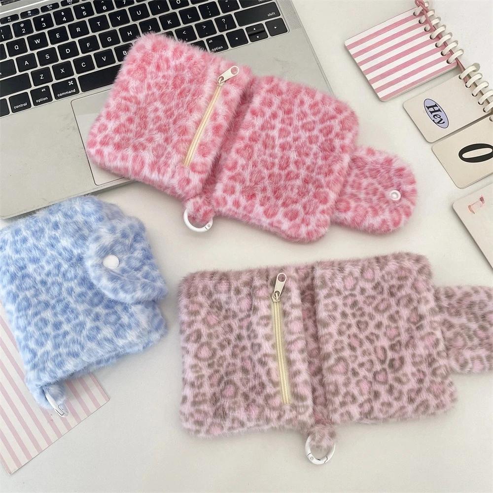 Korean Fashion Wallet Cute Pink Leopard Print Card Holder for Women Girls Portable Small Storage Bag