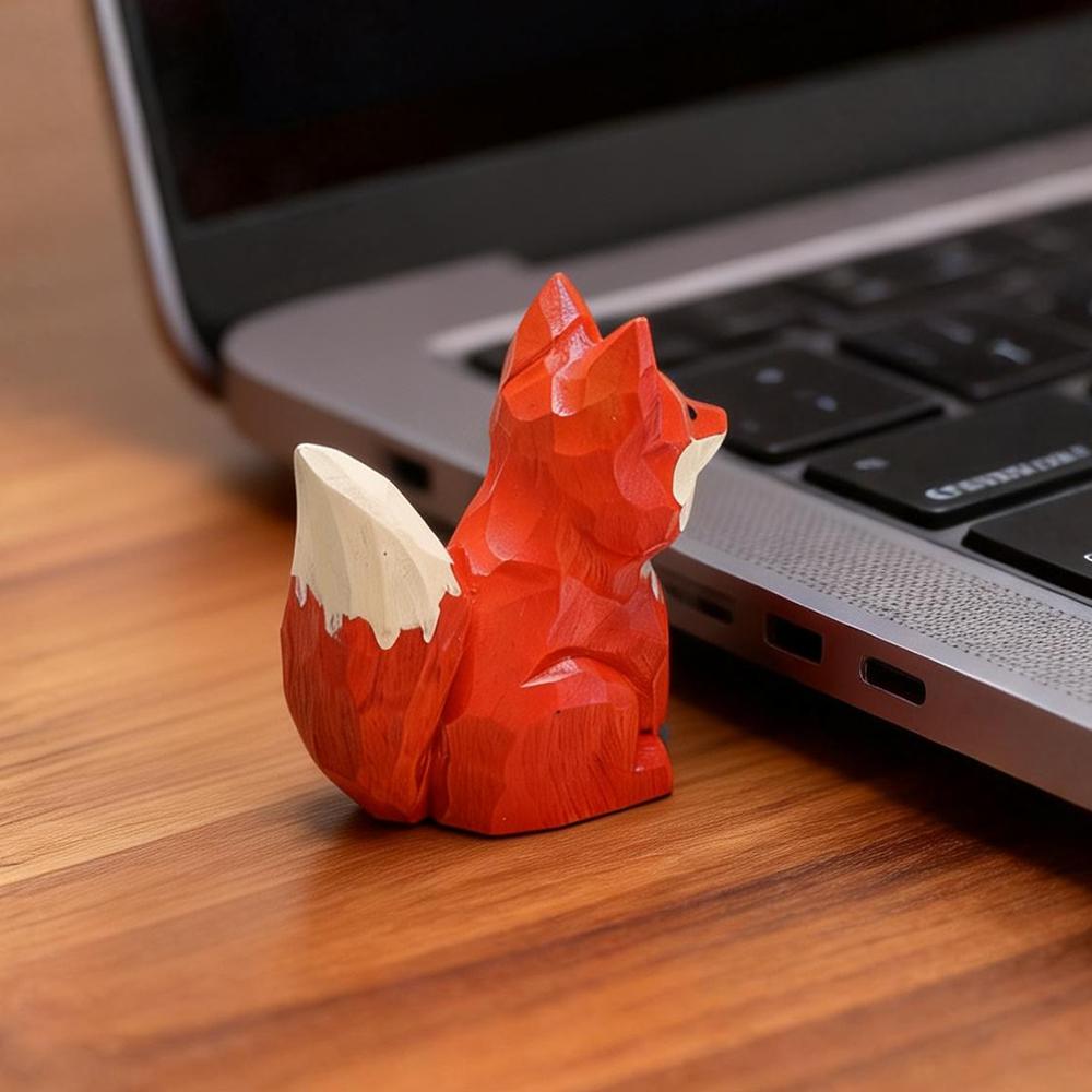 Vintage Handmade Solid Wood Fox Sculpture Statue Miniature Animal Figurines Desktop Ornament for Home Office Decoration Gift