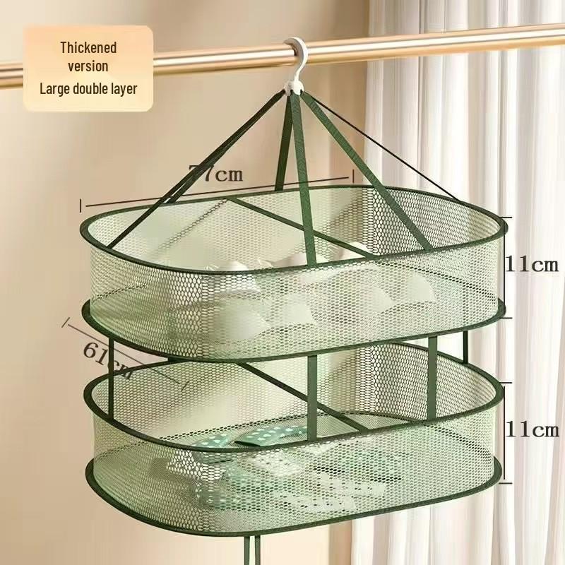 Foldable Double-Layer Drying Basket for Underwear, Socks, and Sweaters - Flat Mesh Hanging Bag.