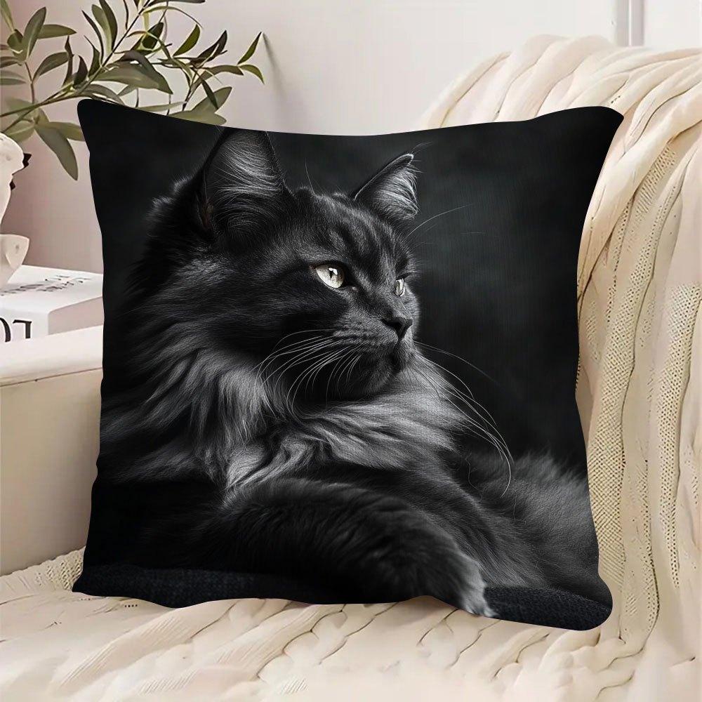 Realistic Black Cat Pillow Case, Fluffy Long Hair Feline Print Cushion Cover, Dark Aesthetic Home Decor for Sofa Bedroom Living