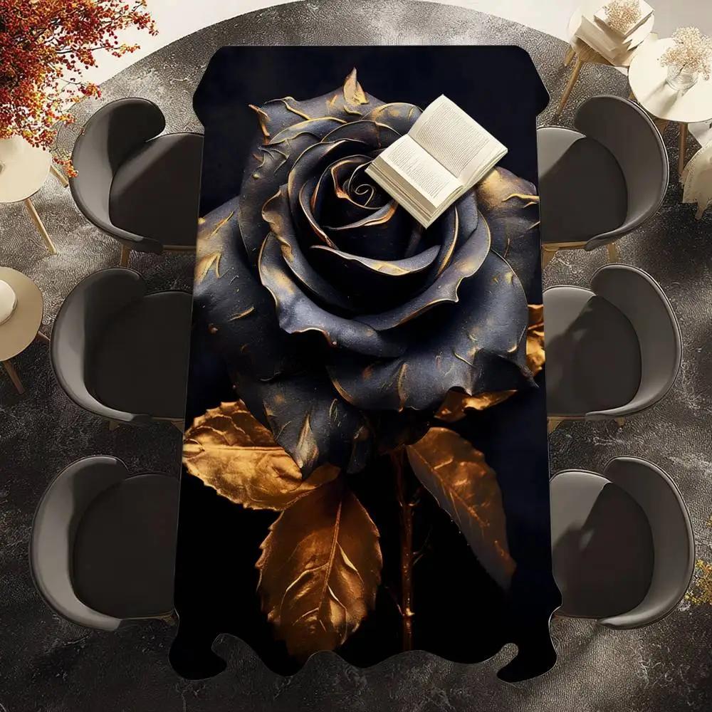 Zwarte Rozen Tafelkleed Waterdicht Vlekbestendig Polyester Tafelhoes voor Decoratie Eettafel Keuken Feest Tafelkleed 120x140cm