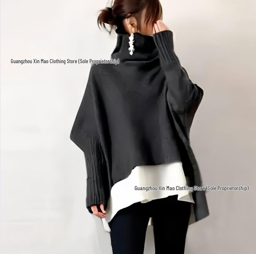 25th Anniversary Women's High-Neck Wool Knit Cape Sweater - Loose & Versatile for Autumn/Winter