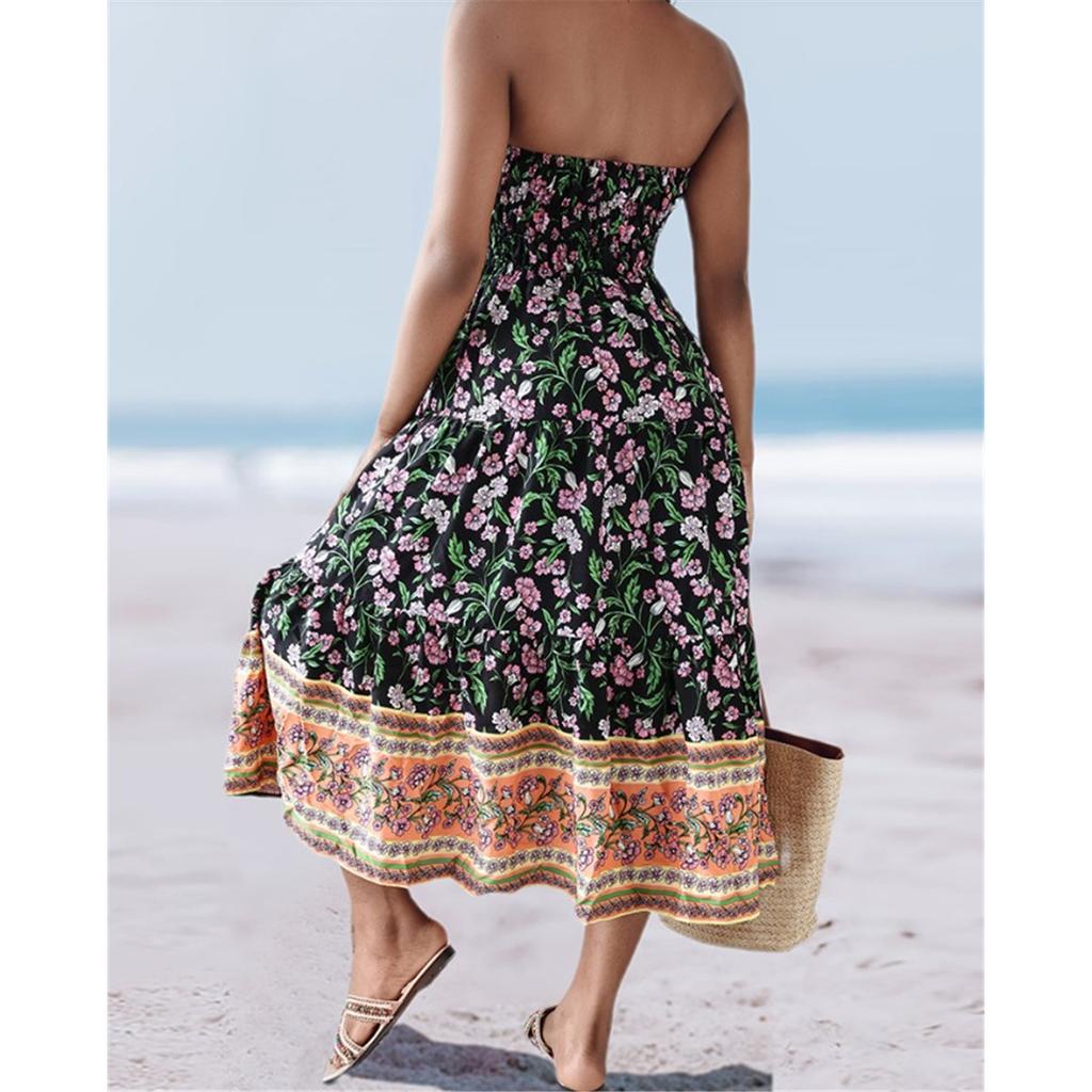 Sommer Neu Böhmischer Urlaubsstil Mehrfarbiger Druck Süßes Bustierkleid Große Schwingkleider für Frauen