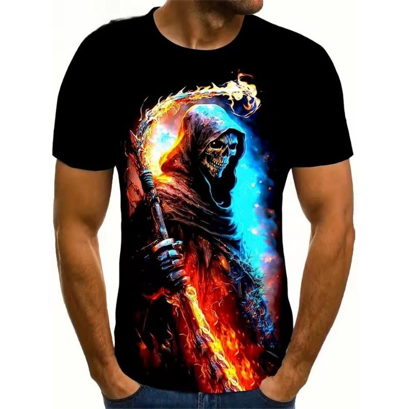 Men's Summer Casual T-Shirt 3D Golden Lightning Skull Print Short Sleeve Streetwear