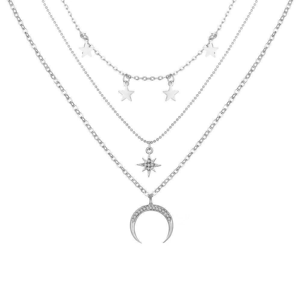 C148 Fashion Trend New Street Style Five-Pointed Star Full Diamond Moon Pendant Women's Multi-Layer Necklace