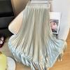 Maxi Skirt High Waist Glossy Long Skirt Solid Color Pleated Design Large Hem Dance Skirt Work Leisure Daily Wear