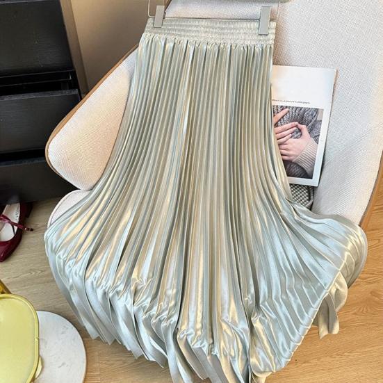 Maxi Skirt High Waist Glossy Long Skirt Solid Color Pleated Design Large Hem Dance Skirt Work Leisure Daily Wear